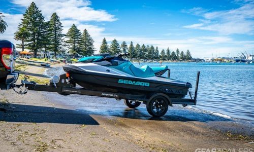 GFAB Alloy Single Black Jet Ski Trailer - side view with Sea Doo GTI
