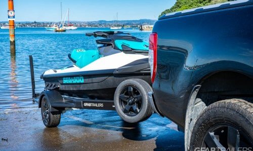 GFAB Alloy Single Black Jet Ski Trailer - front view with Sea Doo GTI