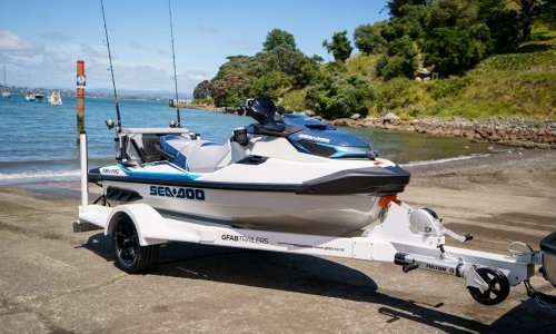 GFAB Alloy White Single Jet Ski Trailer - side view with Sea Doo Fish Pro GFAB Alloy White Single Jet Ski Trailer - side view with Sea Doo Fish Pro