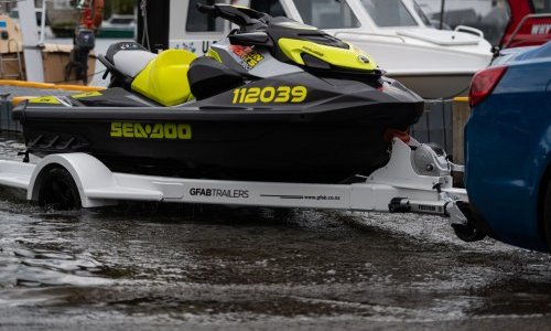 GFAB Alloy White Single Jet Ski Trailer - side view with Sea Doo GTR GFAB Alloy White Single Jet Ski Trailer - side view with Sea Doo GTR