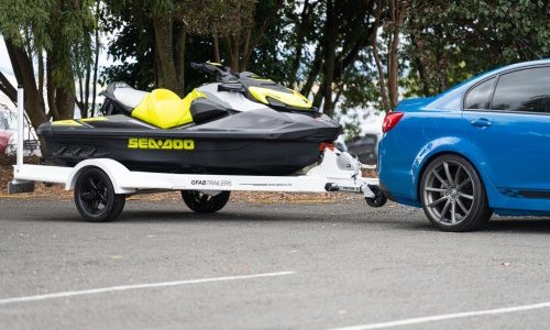 GFAB Alloy White Single Jet Ski Trailer - side view with Sea Doo GTR GFAB Alloy White Single Jet Ski Trailer - side view with Sea Doo GTR