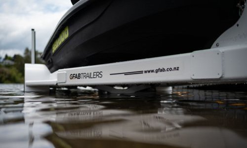 GFAB Alloy White Single Jet Ski Trailer - side view with Sea Doo GTR GFAB Alloy White Single Jet Ski Trailer - side view with Sea Doo GTR