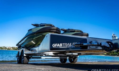 GFAB Alloy Double Sportski Trailer with Sea Doo GTX Jet Skis at Takapuna Boat Ramp